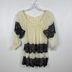 A'Reve Cream Semi Sheer Blouse Women's Small Black Lace Accents Romantic Top